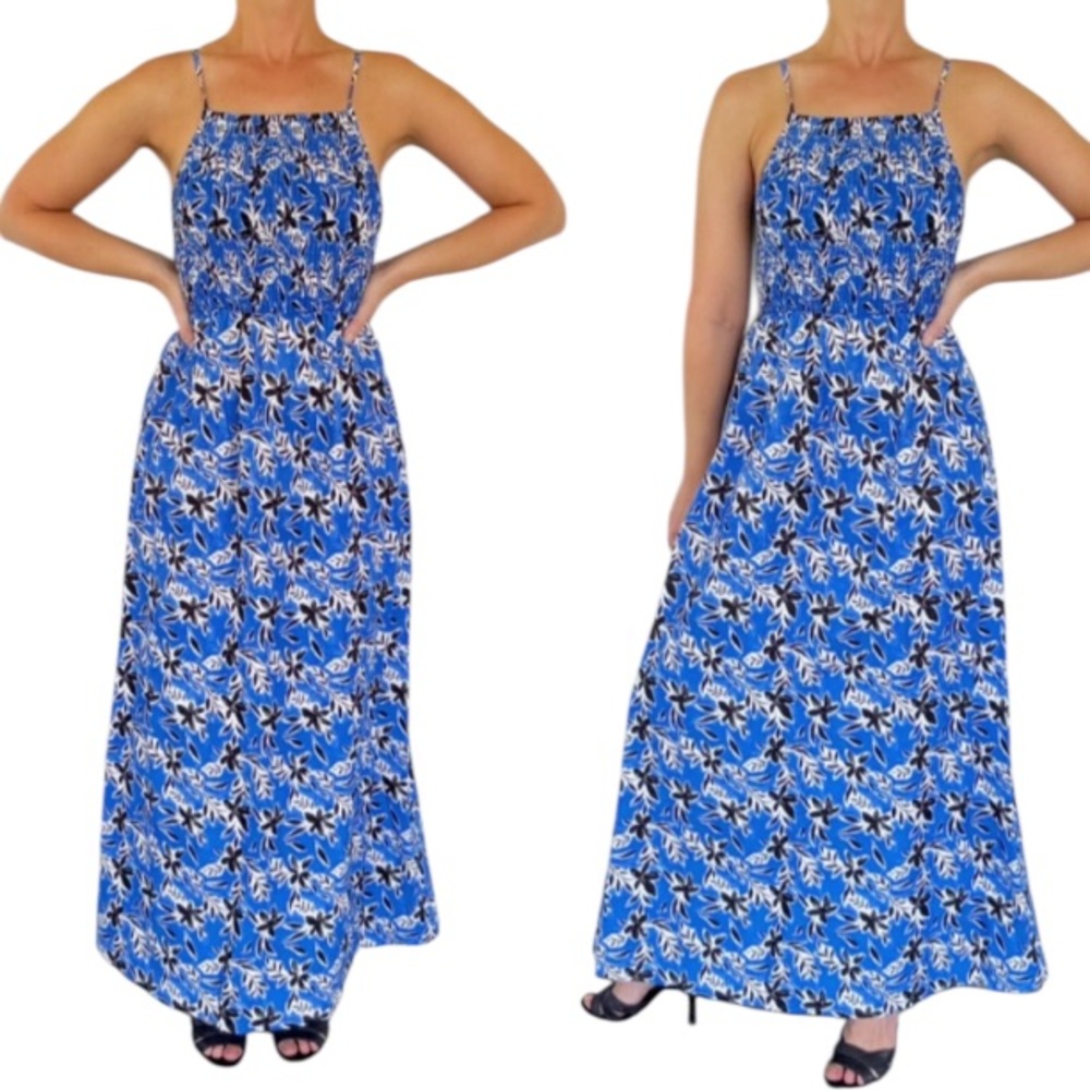 By Together blue black floral smocked spaghetti strap cotton maxi dress small